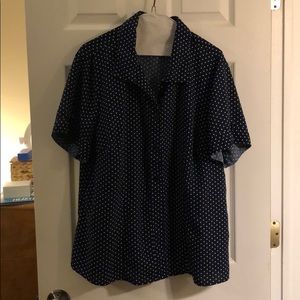 Navy and white polka dot button up shirt.